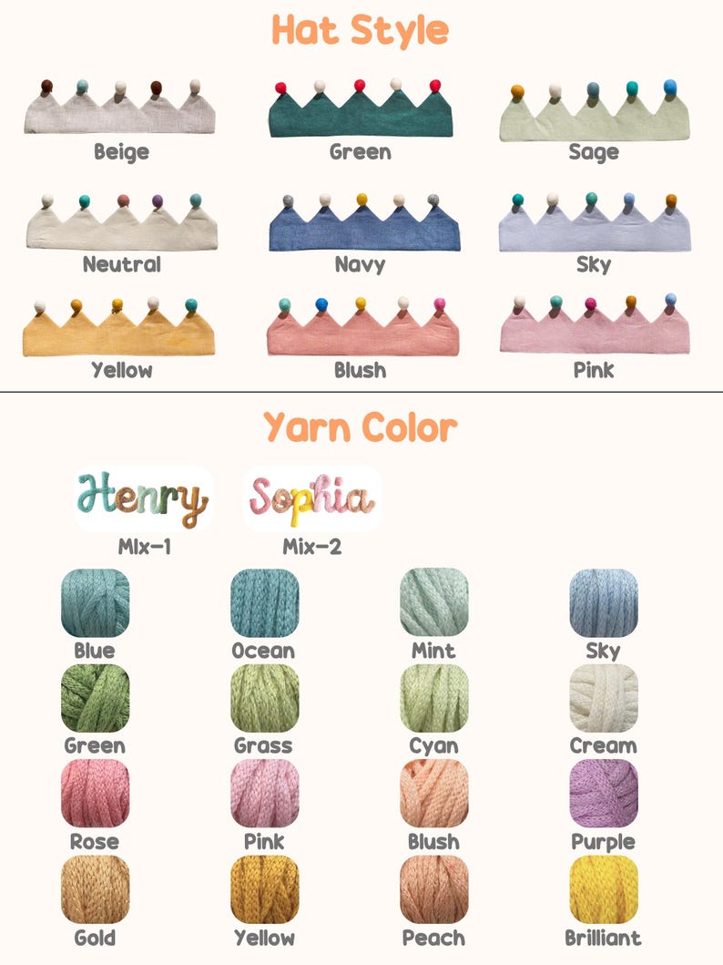 May include: A product image showcasing various crown-shaped hats in different colors, including beige, green, and yellow. The image also displays yarn colors such as blue, green, and gold, with the names "Henry" and "Sophia" above the yarn color swatches.