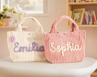 Sac fourre-tout personnalisé | velours côtelé pour enfants | Nom personnalisé personnalisé | 10 couleurs | Icônes d'options