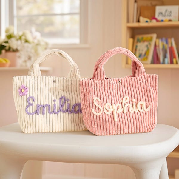 Custom Tote Bag | Corduroy for Kids | Personalized Custom Name | 10 Colors | Option Icons