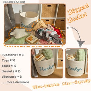 May include: A large, round, off-white woven rope basket featuring the name Harlyn embroidered in blue script. The basket includes two integrated side handles and is shown filled with various items including books, blankets, and a star-shaped pillow.