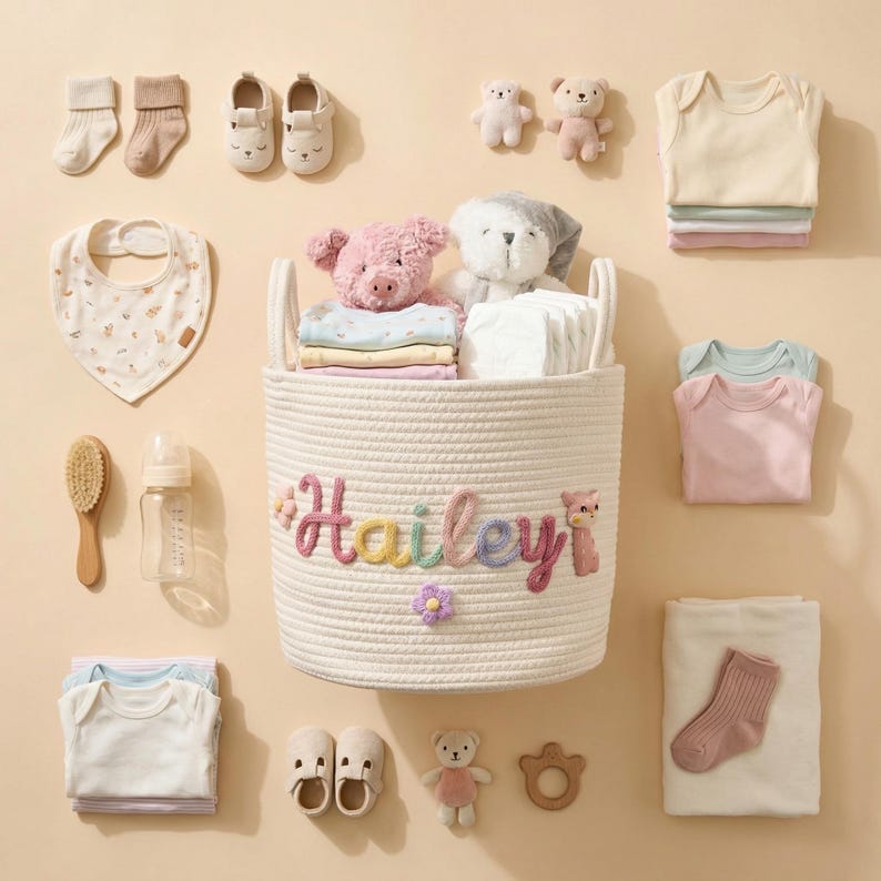 May include: A white rope storage basket with the name Hailey embroidered in pastel colors, surrounded by baby items including onesies, socks, shoes, a bib, a hairbrush, a bottle, plush toys, a wooden teether, and folded blankets on a beige background.
