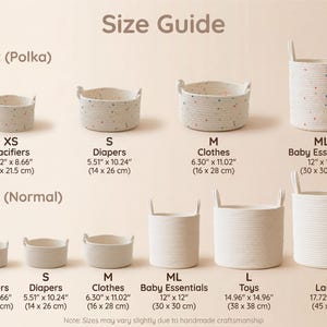 May include: A size guide chart for two styles of rope baskets: Polka and Normal. The Polka baskets feature multicolored dots, while the Normal baskets are solid off-white. Sizes range from XS to XL with dimensions in inches and centimeters.