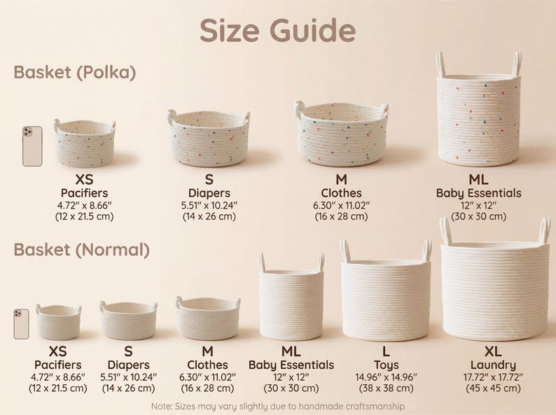 May include: A size guide chart for two styles of rope baskets: Polka and Normal. The Polka baskets feature multicolored dots, while the Normal baskets are solid off-white. Sizes range from XS to XL with dimensions in inches and centimeters.
