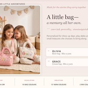 May include: Two small corduroy handbags, one rose pink and one cream, each featuring a personalized name in colorful yarn lettering. The bags have two top handles and a rectangular shape. Text on the image includes 'OLIVIA', 'GRACE', and '28 x 16 CM'.