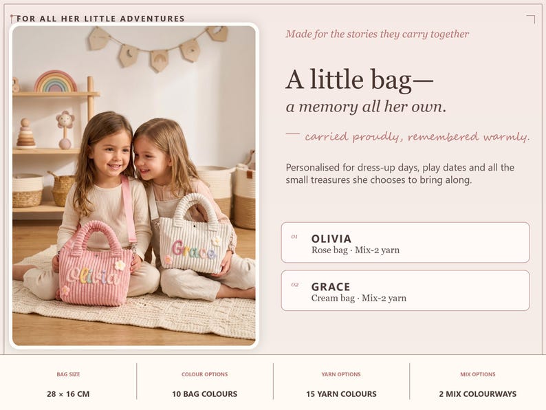 May include: Two small corduroy handbags, one rose pink and one cream, each featuring a personalized name in colorful yarn lettering. The bags have two top handles and a rectangular shape. Text on the image includes 'OLIVIA', 'GRACE', and '28 x 16 CM'.