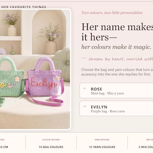 May include: Two corduroy handbags with shoulder straps, one mint green with the name Roise and one purple with the name Evelyn in yarn lettering. Text includes: MADE FOR HER FAVOURITE THINGS, Her name makes it hers&mdash;her colours make it magic, 28 x 16 CM.