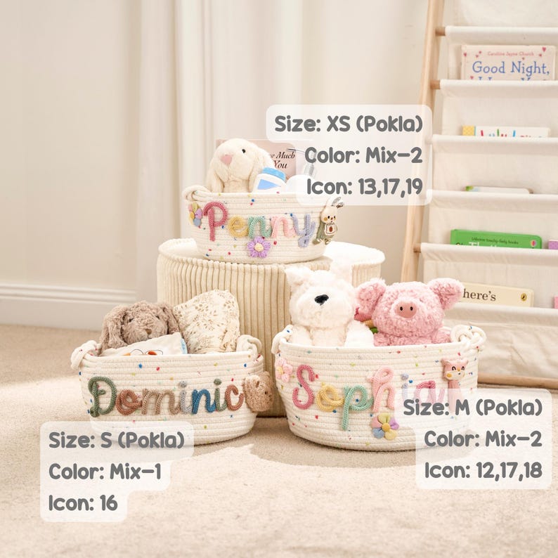 May include: Three off-white woven rope baskets with colorful speckled accents. Each basket features personalized felt lettering and small decorative icons. The baskets are labeled with sizes XS, S, and M, and include text overlays detailing color and icon options.