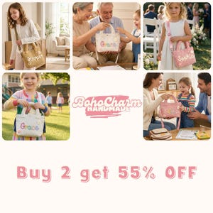 May include: A small, rectangular, corduroy tote bag with two top handles and an adjustable shoulder strap. The bag features a personalized name embroidered in colorful, bubbly letters on the front, accented with a small flower patch. Text reads BohoCharm HANDMADE and Buy 2 get 55% OFF.