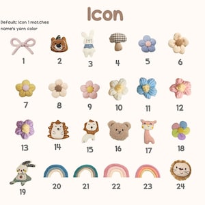 May include: A collection of twenty-four small, textured fabric icons labeled with numbers. The set includes various shapes such as bows, animals like bears, rabbits, lions, and hedgehogs, along with flowers, mushrooms, and rainbows in diverse colors.