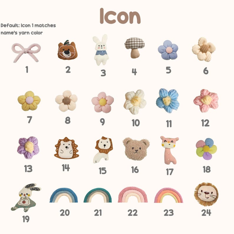 May include: A collection of twenty-four small, textured fabric icons labeled with numbers. The set includes various shapes such as bows, animals like bears, rabbits, lions, and hedgehogs, along with flowers, mushrooms, and rainbows in diverse colors.