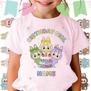Labubu Birthday Girl Shirt - Personalized Kids Birthday Tee - Custom Name Toddler T-Shirt Cute Labubu Party Outfit Glitter Style Girl Shirt