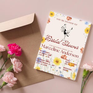Plantilla de invitación de despedida de soltera de flores silvestres, tarjetas de invitación de fiesta de jardín floral boho editables,canva