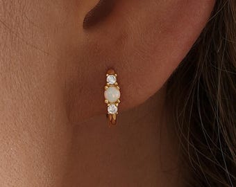 Opal Huggie Hoop Earrings, Dainty Opal Gold/Silver Earrings, Minimalist Hoop Earrings, CZ Huggie, Birthday Gift for her, Stackable Hoops