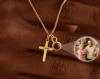 Collar personalizado con proyección de foto, collar con cruz y nombre grabado, regalo de cumpleaños para ella, joyería conmemorativa única, regalo de Navidad para mamá