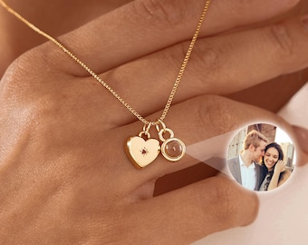 Personalized Picture and Birthstone Necklace, Custom Name Heart Pendant Necklace, Memorial Photo Projection Necklace, Christmas Gift for her