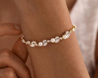 Zartes Perlenarmband mit Diamanten, Perlenarmband in Blattform mit Kristallen, Goldarmband für Damen, Brautarmband, Geschenk für Brautjungfern