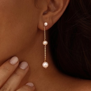 Dainty Three Pearls Dangle Earrings, Natural Pearl Drop Earrings, Wedding Earrings, Gold Bridal Wedding Jewellery, Bridesmaids Gifts for Her
