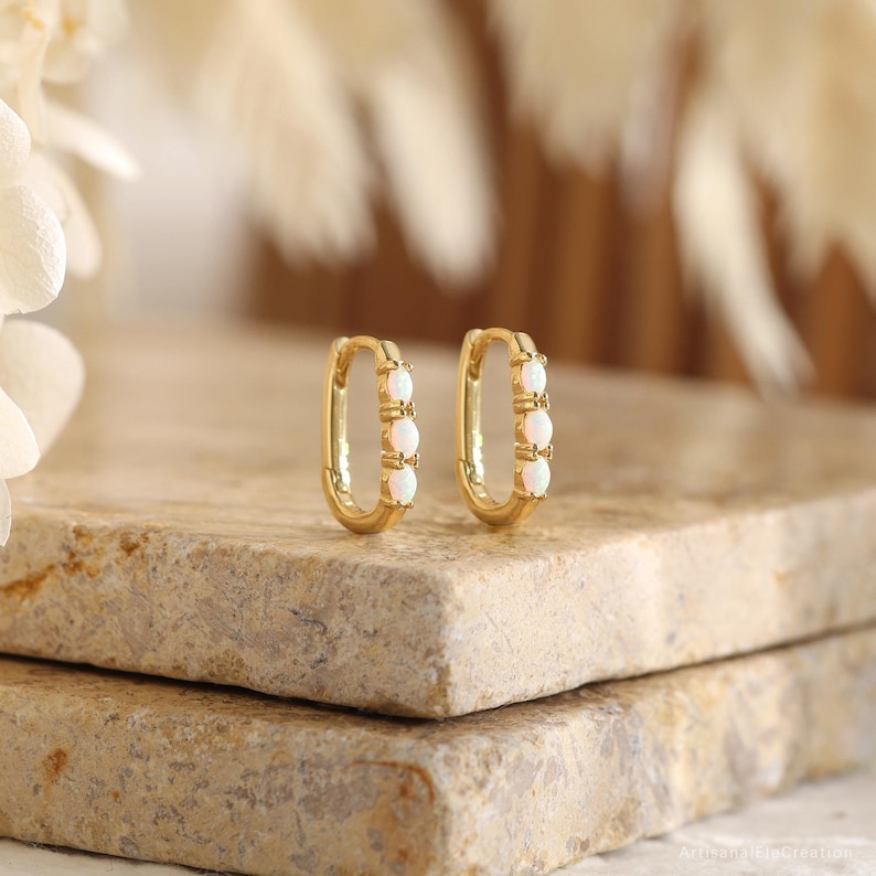 Dainty Opal Huggie Hoop Earrings, Minimalist White Opal Earrings, Daily Opal Huggie Hoop, Women Gift, Sleep Earrings, Birthday Gift for Her image 9