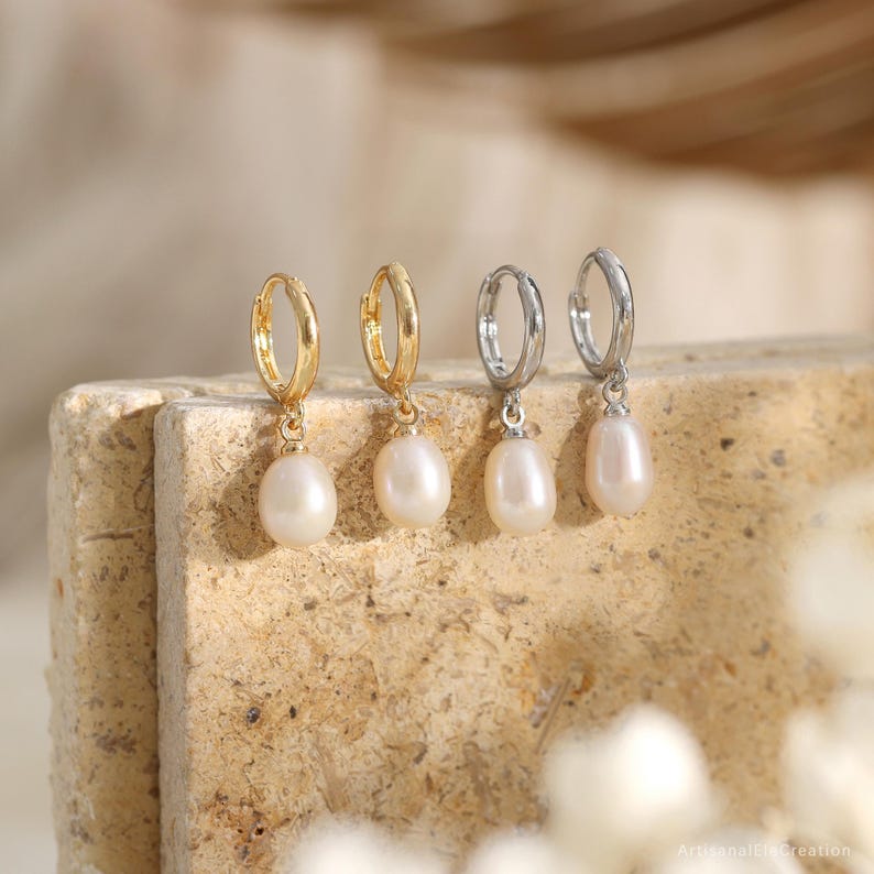 Minimalist Pearl Huggie Earrings, Freshwater Pearl Hoop Earrings, Gold Huggie Earrings, Wedding Pearl Jewelry, Gift for Mom, Bridesmaid Gift image 6