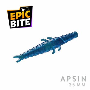 May include: A translucent blue fishing lure shaped like a shrimp. The lure has detailed segments and appendages. The text "EPIC BITE" is in a black, yellow, and purple logo. The text "APSIN 35 MM" is below the lure.