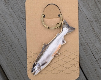 Wooden Salmon Keychain – Fisherman Gift – Custom Engraved Birch Wood Keyring