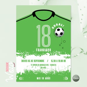 Invitation, editable canva invitations, editable text, soccer invitations, green soccer jersey, soccer ball, soccer birthday