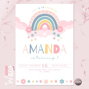 Invitación arcoiris flores, invitaciones editables canva, rainbow party, invitaciones de arcoiris, rainbow and flowers, cumpleaños arcoiris