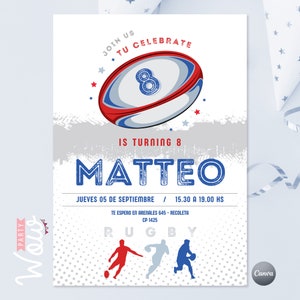 Invitación rugby, invitaciones editables canva, texto editable, invitaciones de rugby, rugby sports, deporte, cumpleaños rugby