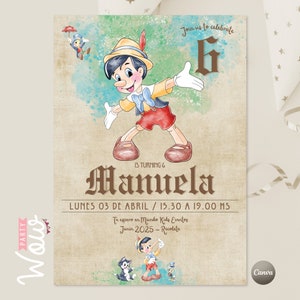 Puede incluir: Una invitación de cumpleaños con una ilustración de dibujos animados de Pinocho, un fondo de acuarela azul y verde, y el texto "Join us to celebrate 6 IS TURNING 6 Manuela LUNES 03 DE ABRIL / 15.30 A 19.00 HS Te espero en Mundo Kids Eventos Junin 2025 - Recoleta"