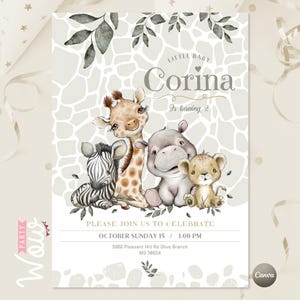 May include: A light brown and white invitation with a giraffe, zebra, hippopotamus, and lion cub. The invitation says "Little Baby Corina is turning 2" and includes the date and time of the party.