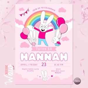 Simon rabbit invitation, editable canva invitations, simon rabbit invitations, simon party, pink bunny