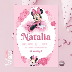 Invitación, invitaciones editables canva, texto editable, invitaciones de minnie, minnie y flores, minnie acuarela, cumpleaños minnie