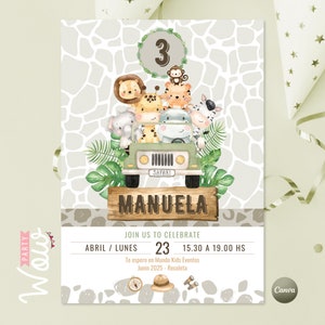 May include: A green and brown safari-themed birthday invitation with a cartoon jeep carrying a giraffe, lion, monkey, zebra, elephant, and hippo. The invitation says "Join us to celebrate" and includes the date "April 23" and the time "15.30 to 19.00 HS". The invitation also says "Te espero en Mundo Kids Eventos" and "Junin 2025 - Recoleta".