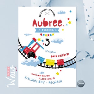 Invitación, invitaciones editables canva, texto editable, invitaciones de trencitos, tren colores primarios, trains, cumpleaños de trenes