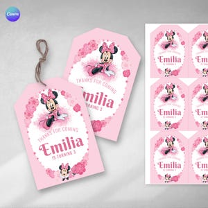 Etiqueta imprimível aquarela minnie, texto editável canva, minnie rosa, cartão, etiqueta favor tukit