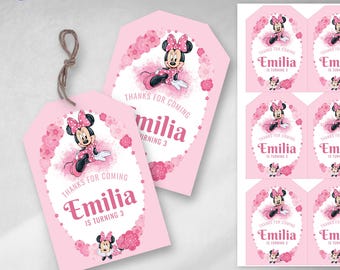 Etichetta acquerello stampabile di Minnie Mouse, testo modificabile su Canva, Minnie Mouse rosa, biglietto, etichetta bomboniera, Tukit
