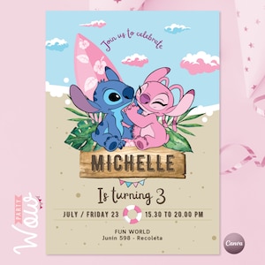 Angel beach invitation, editable canva invitations, editable text, stitch invitations, summer party, birthday invitation