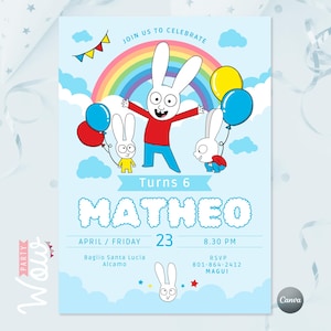 Invito Simon Rabbit, inviti canva modificabili, inviti Simon Rabbit, festa Simon, coniglietto