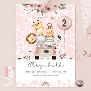 Invitation, invitations canva modifiables, texte modifiable, invitations d’animaux de la jungle, animaux de la jungle, jungle aquarelle rose, anniversaire