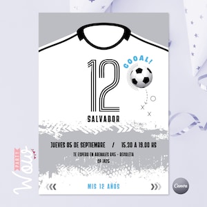 Invitation, editable canva invitations, editable text, soccer invitations, white soccer jersey, soccer ball, soccer birthday