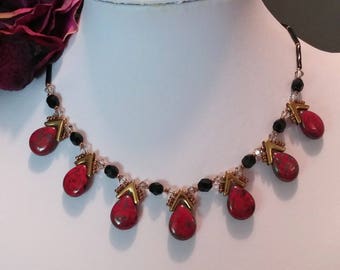 Tear Drop Red Picasso Bead and Swarovski Necklace Set