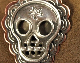 Gorgeous Layered sugar skull pendant - Handmade Original in sterling silver and copper - on leather cord