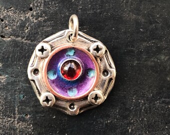 Colorful steampunk silver gear pendant- purple blue garnet