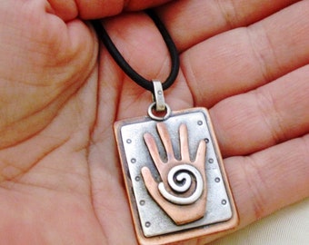 Creative hand pendant : silver and copper Hand with spiral rectangular pendant on leather cord CLEARANCE SALE