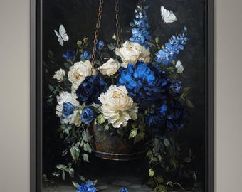 Blue and Cream Floral Hanging Basket Wall Art Print, Peonies Butterflies, Elegant Botanical Artwork