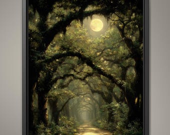 Moonlit Oak Tree Forest Wall Art Print, Woodland Path, Moody Dark Academia Artwork