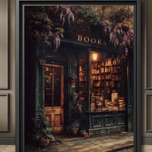 A black framed print of a Moody vintage bookstore exterior with warm golden light shining through windows filled with old books, ivy and wisteria framing the dark wooden door.
