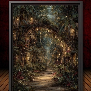 Enchanted Jungle Forest Path Wall Art Print Hanging Lanterns Moody Fairytale Woodland