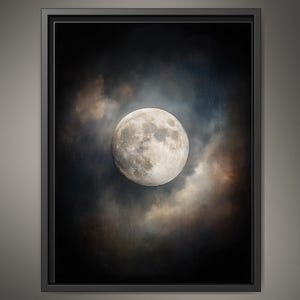 Moody Full Moon Wall Art Print, Dark Atmospheric Night Sky, Celestial Clouds Mystical Painting