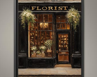 Florist Shop Hanging Baskets Wall Art Print, Vintage Storefront Painting, Victorian Flower Store Decor